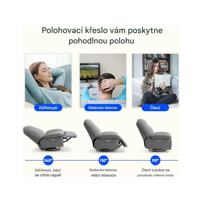 Elektrické polohovací křeslo XR6-OVAL-G-EUAM s USB, otočné, šedé - A