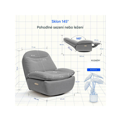 Elektrické polohovací křeslo XR6-OVAL-G-EUAM s USB, otočné, šedé - A