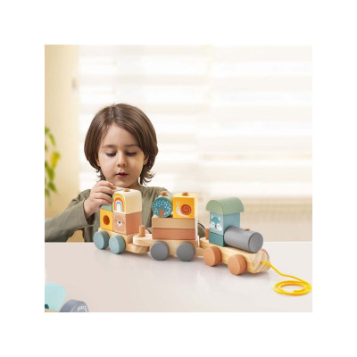 Dětský dřevěný vláček TM10076, 3dílná sada s kostkami - N