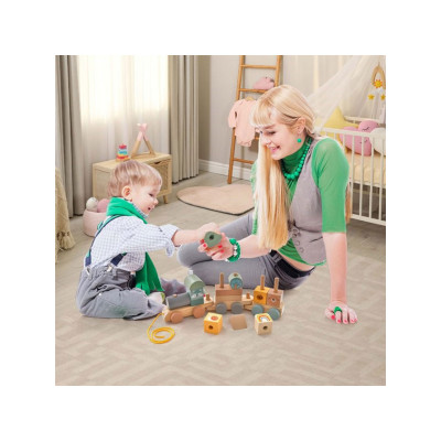 Dětský dřevěný vláček TM10076, 3dílná sada s kostkami - N