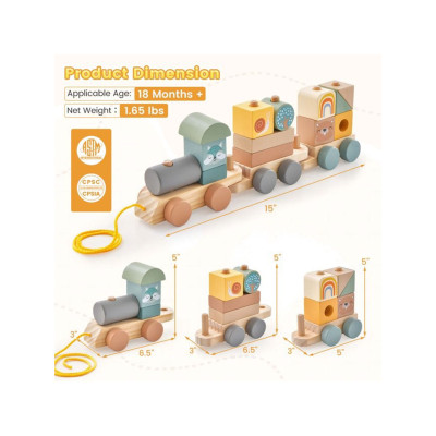 Dětský dřevěný vláček TM10076, 3dílná sada s kostkami - N