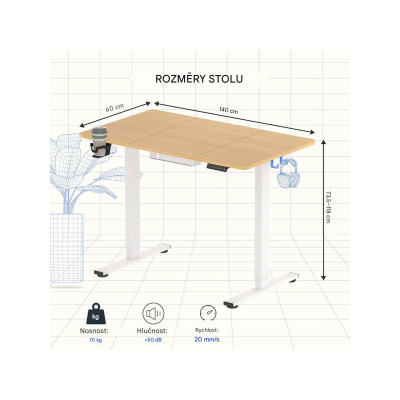 Nastavitelný elektrický stůl QE1W-1460-EUV1, 140 x 60 cm, bílý - B