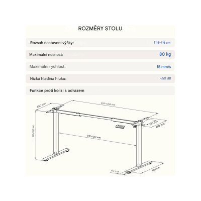 Výškově nastavitelný elektrický stůl EN1S-EUV3, šedý - A