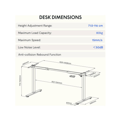 Výškově nastavitelný elektrický stůl EN1S-EUV3, šedý - A