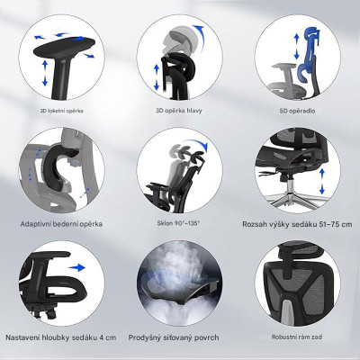 Ergonomická kancelářská židle C7DG-Lite-V2 dark gray, 3D opěrka hlavy, nastavitelné opěradlo - A