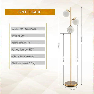 Stojací lampa EU10030DE-GD, 3 žárovky, nožní spínač - A