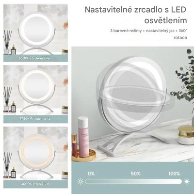 Kosmetické zrcadlo HU10611DE-WH s LED osvětlením, průměr 30 cm, bílé - A