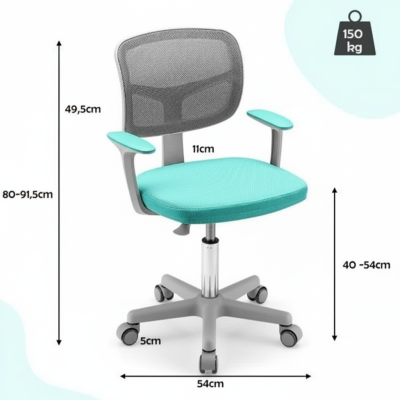 Dětská otočná židle HY10252GR s područkami, tyrkysovo/šedá - A