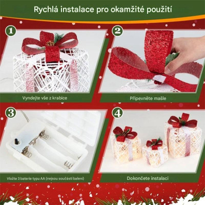Sada 3 vánočních dárkových krabiček CM23881 s bílými a červenými světelnými prvky - A