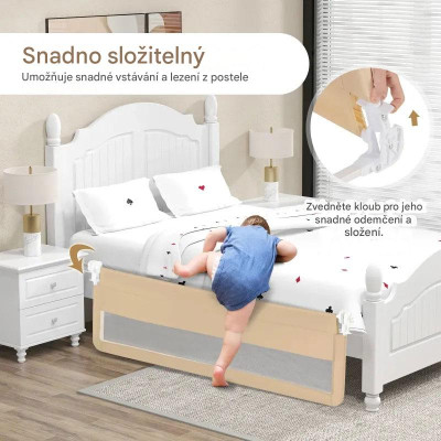 Dětská skládací zábrana postele BS10045MS s bezpečnostními popruhy, 180 cm, béžová - A