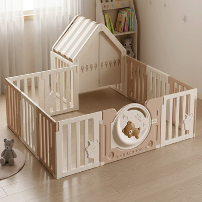Dětská ohrádka, s plotem a domečkem medvídka, 150 x 180 cm, béžová
