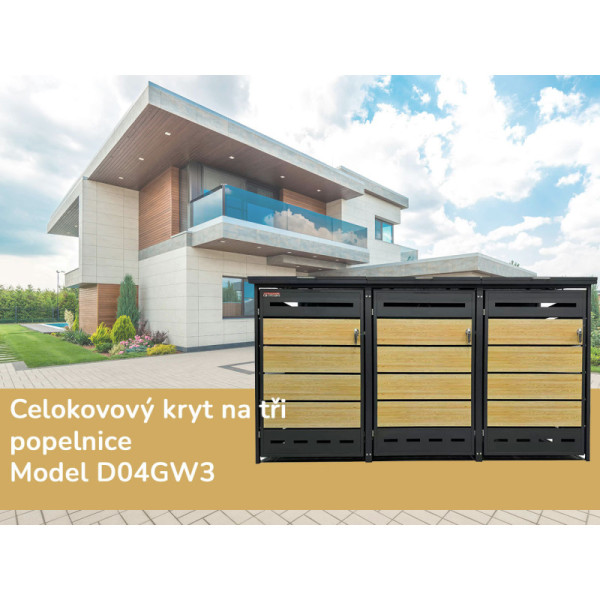 Přístřešek na popelnice D04GW3, na 3 popelnice, celokovový kryt, moderní, antracit/hnědý