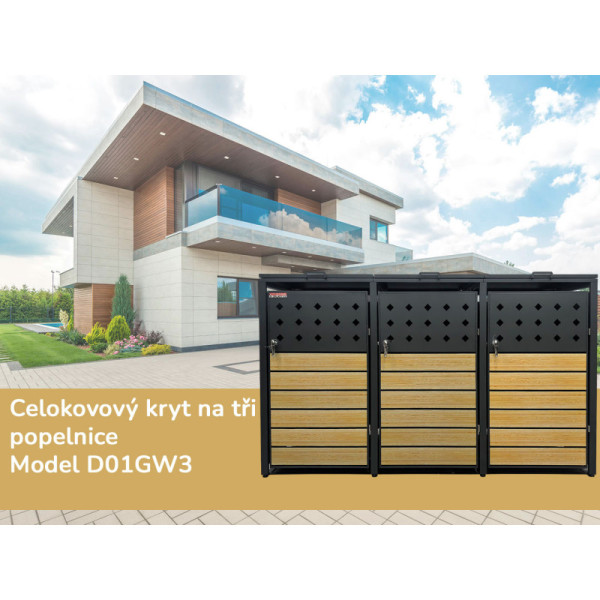 Přístřešek na popelnice D01GW3, na 3 popelnice, celokovový kryt, moderní, antracit/hnědý