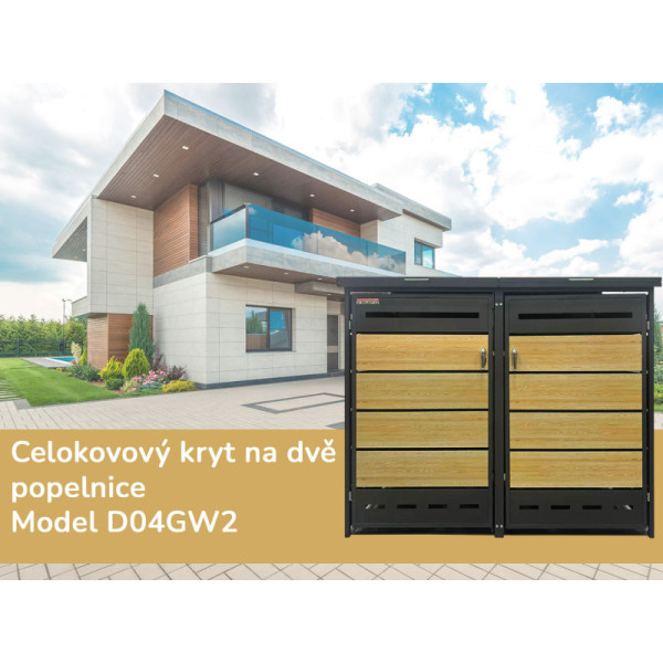 Přístřešek na popelnice D04GW2, na 2 popelnice, celokovový kryt, moderní, antracit/hnědý