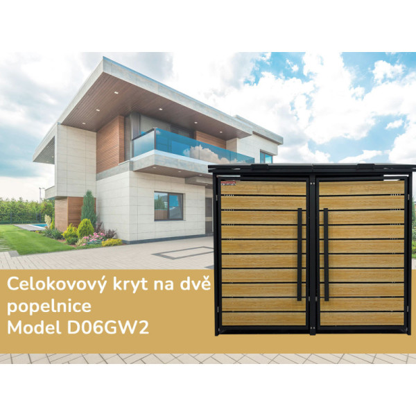 Přístřešek na popelnice D06GW2, na 2 popelnice, celokovový kryt, moderní, antracit/hnědý