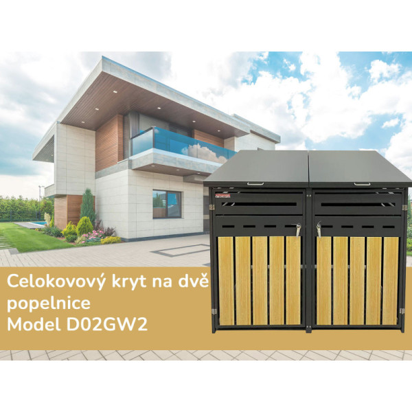 Přístřešek na popelnice D02GW2, na 2 popelnice, celokovový kryt, moderní, antracit/hnědý