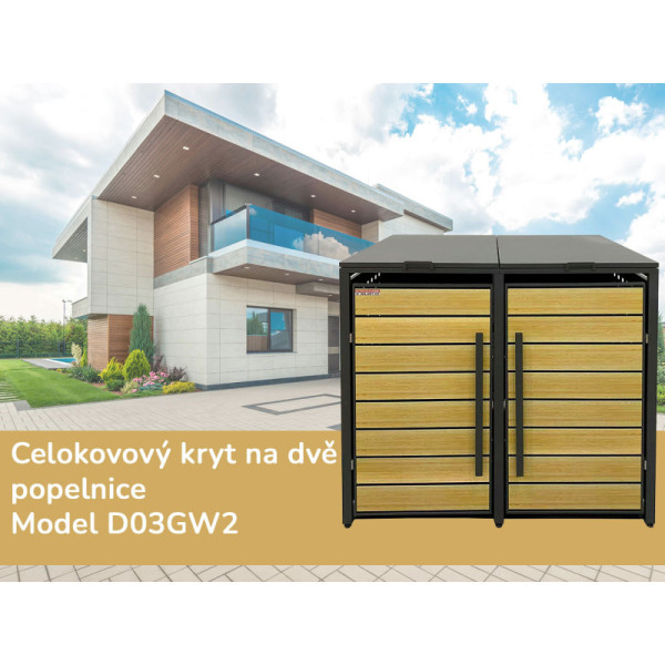 Přístřešek na popelnice D03GW2, na 2 popelnice, celokovový kryt, moderní, antracit/hnědý