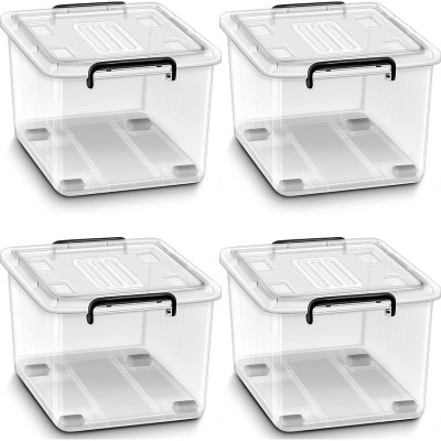 Úložné boxy s víkem, sada 4 ks, stohovatelné, 13 l, průhledné - A